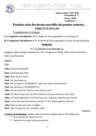 Première page de Anglais 6e — 1er devoir surveillé, 1er semestre (2019-2020) · CEG ADJOVICODJI 'LES OLIVIERS'
