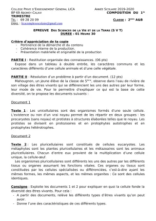 Première page de SVT 2nde A2, 2nde B — Composition, 1er trimestre (2019-2020) · CPEG LICA