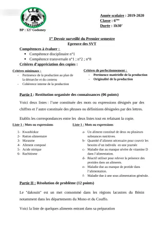 Première page de SVT 6e, 5e, 4e, 4e ML, 3e, 3e ML — 1er devoir surveillé, 1er semestre (2019-2020) · CEG Lobozounkpa