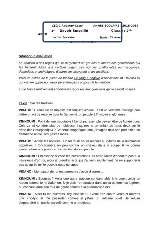 Première page de Français 2nde A, 2nde B, 2nde C, 2nde D — Devoir surveillé, 1er semestre (2018-2019) · CEG2 ABOMEY - CALAVI (CEG ZOCA)