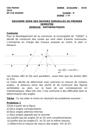 Première page de Mathématiques 5e — 2e devoir surveillé, 1er semestre (2018-2019) · CEG PAHOU