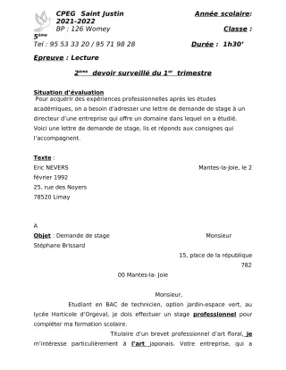 Première page de Français 5e — 2e devoir surveillé, 1er trimestre (2021-2022) · CPEG SAINT Justin