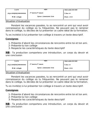 Première page de Français 6e — 2e devoir surveillé, 2e semestre (2019-2020) · CEG Honton