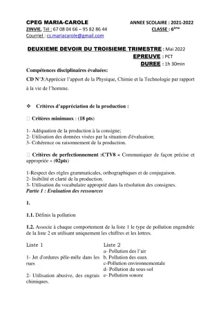 Première page de PCT 6e — 2e devoir surveillé, 3e trimestre (2021-2022) · CPEG MARIA-CAROLE