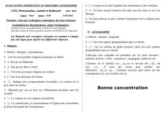 Première page de Histoire-Géographie 6e, 5e, 4e, 3e, 2nde D — Évaluation sommative, 2e semestre (2021-2022) · CEG PENESSOULOU