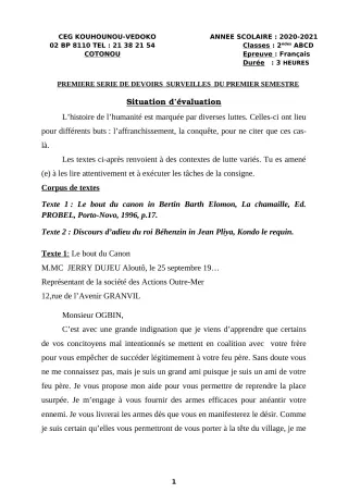 Première page de Français 2nde A1, 2nde A2, 2nde B, 2nde C, 2nde D — 1er devoir surveillé, 1er semestre (2020-2021) · CEG Kouhounou-Vêdoko