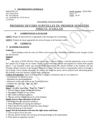 Première page de Anglais 5e — Devoir surveillé, 1er semestre (2019-2020) · CEG FIYEGNON