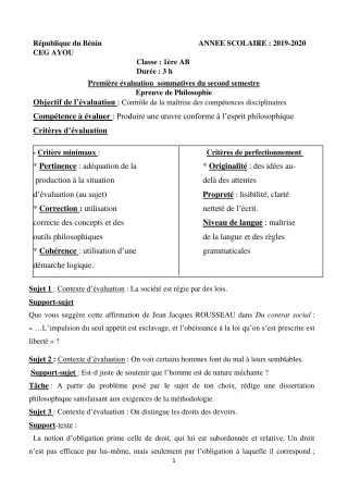 Première page de Philosophie 1ère A & B — 1re évaluation sommative, 2e semestre (2019-2020) · CEG AYOU