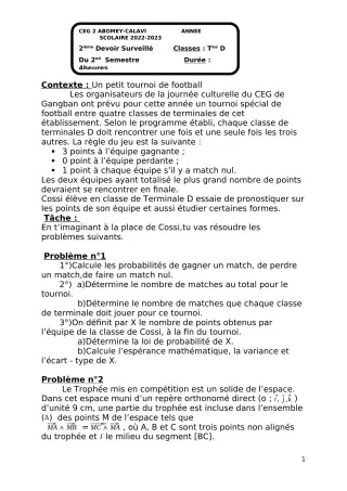 Première page de Mathématiques Tle D — Devoir surveillé, 2e semestre (2022-2023) · CEG2 ABOMEY - CALAVI (CEG ZOCA)
