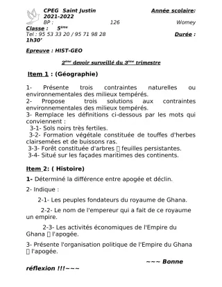 Première page de Histoire-Géographie 5e, 4e — 2e devoir surveillé, 3e trimestre (2021-2022) · CPEG SAINT Justin