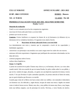 Première page de Espagnol Tle A1, Tle A2, Tle B — 2021-2022 · CEG LE NOKOUE