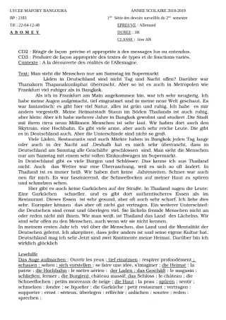 Première page de Allemand 2nde A & B, 1ère A & B — 1er devoir surveillé, 2e semestre (2018-2019) · Lycée Houegbadja d'Abomey (Ex Mafory Bangoura)