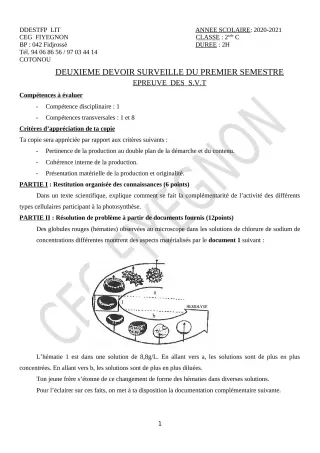Première page de SVT 2nde C — 2e devoir surveillé, 1er semestre (2020-2021) · CEG FIYEGNON