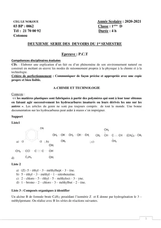 Première page de PCT 1ère D — 2e devoir surveillé, 1er semestre (2020-2021) · CEG LE NOKOUE