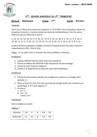 Première page de Mathématiques 5e — 2e devoir surveillé, 3e trimestre (2019-2020) · CPEG ROSAIRE