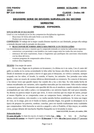 Première page de Espagnol 2nde A & B — 2e devoir surveillé, 2e semestre (2018-2019) · CEG PAHOU