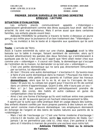 Première page de Français 5e — 1er devoir surveillé, 2e semestre (2019-2020) · CEG du Lac