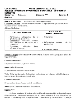 Première page de Philosophie Tle D — 1re évaluation sommative, 1er semestre (2022-2023) · CEG SEKERE