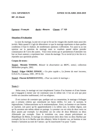Première page de Devoir surveillé de FRANCAIS — 1ère A, 1ère D — CEG Kpanroun (2018)