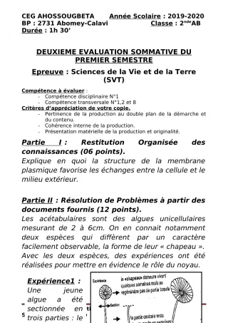 Première page de SVT 2nde A & B — 2e évaluation sommative, 1er semestre (2019-2020) · CEG Ahossougbéta