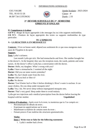Première page de Anglais 4e — 1er devoir surveillé, 1er semestre (2023-2024) · CEG Yagbe