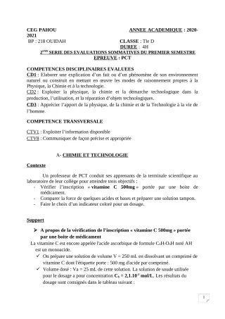 Première page de PCT Tle D — 2e évaluation sommative, 1er semestre (2020-2021) · CEG PAHOU