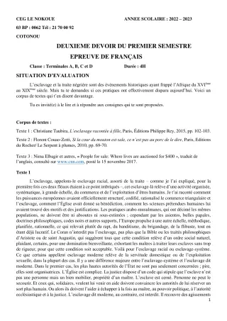Première page de Français Tle A1, Tle A2, Tle B, Tle C, Tle D — 2e devoir surveillé, 1er semestre (2022-2023) · CEG LE NOKOUE