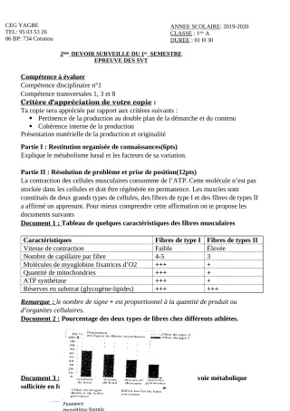 Première page de SVT 1ère A2 — 2e devoir surveillé, 1er semestre (2019-2020) · CEG Yagbe
