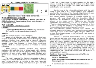 Première page de Devoir surveillé de ANGLAIS — Tle A1, Tle A2, Tle D — CEG GBESSOU (2019)