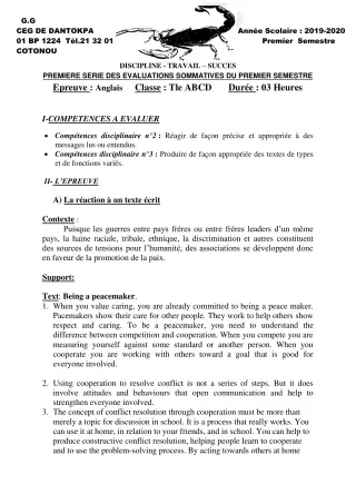Première page de Anglais Tle A1, Tle A2, Tle B, Tle C, Tle D — 1re évaluation sommative, 1er semestre (2019-2020) · CEG Dantokpa
