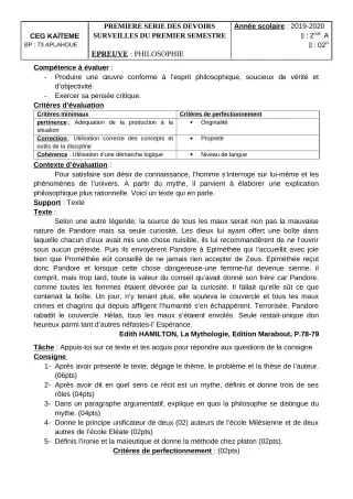 Première page de Philosophie 2nde A2 — 1er devoir surveillé, 1er semestre (2019-2020) · CEG Kaïtèmè