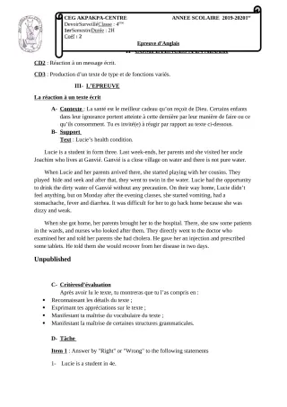 Première page de Anglais 4e, 4e ML — Devoir surveillé (2019-2020) · CEG 1 Akpakpa-Centre