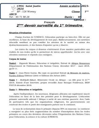 Première page de Français 3e, 1ère A2, 1ère B, 1ère C, 1ère D — 2e devoir surveillé, 1er trimestre (2023-2024) · CPEG SAINT Justin