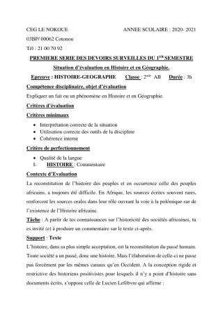 Première page de Histoire-Géographie 2nde A1, 2nde A2, 2nde B — 1er devoir surveillé, 1er semestre (2020-2021) · CEG LE NOKOUE