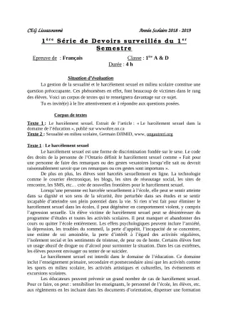 Première page de Français 1ère A, 1ère D — 1er devoir surveillé, 1er semestre (2018-2019) · CEG Lissazounmè