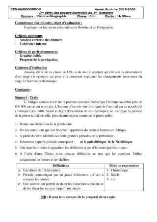 Première page de Histoire-Géographie 6e — 1er devoir surveillé, 1er semestre (2019-2020) · CEG MAREGOUROU