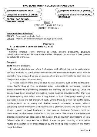 Première page de Examen Blanc de ANGLAIS — Tle A2 — CPEG LICA (2019)