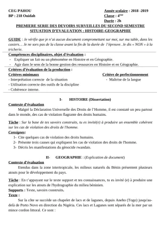 Première page de Histoire-Géographie 4e, 4e ML — 1er devoir surveillé, 2e semestre (2018-2019) · CEG PAHOU