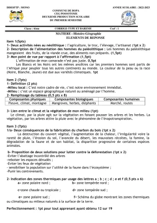 Première page de Histoire-Géographie 6e — 2e production scolaire, 1er semestre (2022-2023) · CEG POSSOTOME
