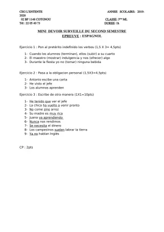 Première page de Espagnol 3e, 3e ML — 1er devoir surveillé, 2e semestre (2019-2020) · CEG L'Entente