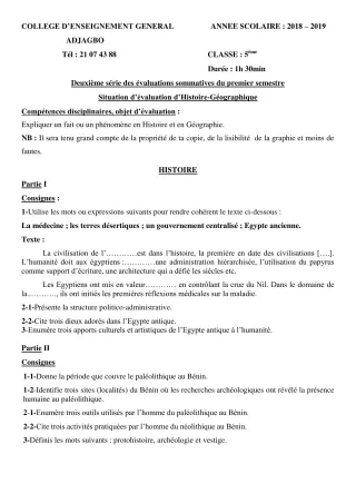 Première page de Histoire-Géographie 5e — 2e évaluation sommative, 1er semestre (2018-2019) · CEG ADJAGBO