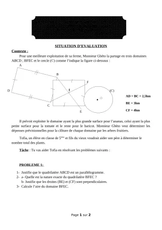 Première page de Mathématiques 5e — 1er devoir surveillé, 2e semestre (2018-2019) · ceg ouenou