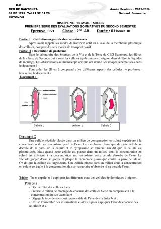 Première page de SVT 2nde A, 2nde A & B, 2nde A1, 2nde B — 1re évaluation sommative, 2e semestre (2019-2020) · CEG Dantokpa
