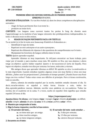 Première page de Espagnol 3e ML — 1er devoir surveillé (2020-2021) · CEG PAHOU