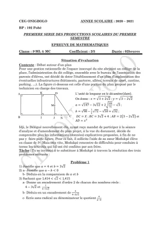 Première page de Mathématiques 3e, 3e ML — 1re production scolaire, 1er semestre (2020-2021) · CEG ONIGBOLO