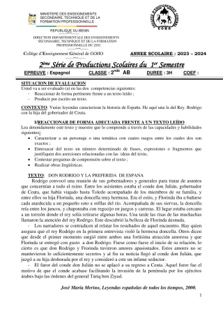 Première page de Espagnol 2nde A & B — 2e production scolaire, 1er semestre (2023-2024) · CEG GOHO