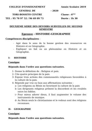 Première page de Histoire-Géographie 6e, 5e, 4e — 2e devoir surveillé, 2e semestre (2019-2020) · CEG Tori-Bossito Centre