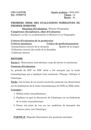 Première page de Histoire-Géographie 4e — 1re évaluation sommative, 1er semestre (2020-2021) · CEG Ganvié
