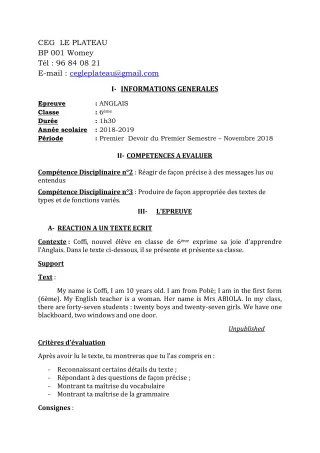 Première page de Anglais 6e — 1er devoir surveillé, 1er semestre (2018-2019) · CEG Le Plateau
