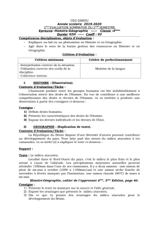 Première page de Histoire-Géographie 4e — 1re évaluation sommative, 2e semestre (2019-2020) · CEG GAROU